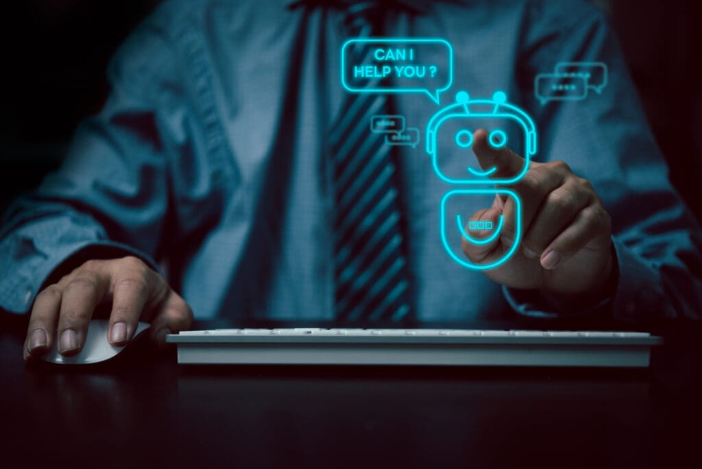 AI Artificial Intelligence and conversational chatbots businesses digital technology interact with applications, including customer service, sales and marketing and big data virtual screen.